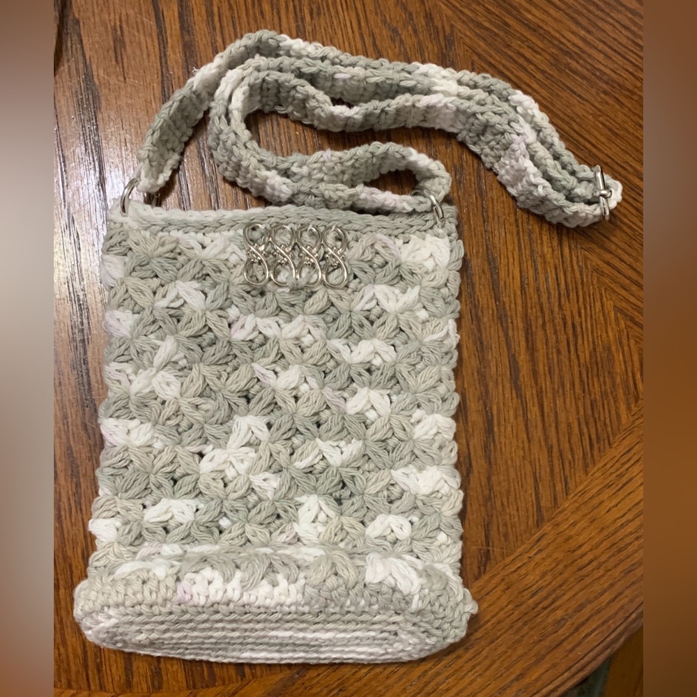Crochet Bag Gray & White with adjustable handle Phone purse 100% cotton Handmade